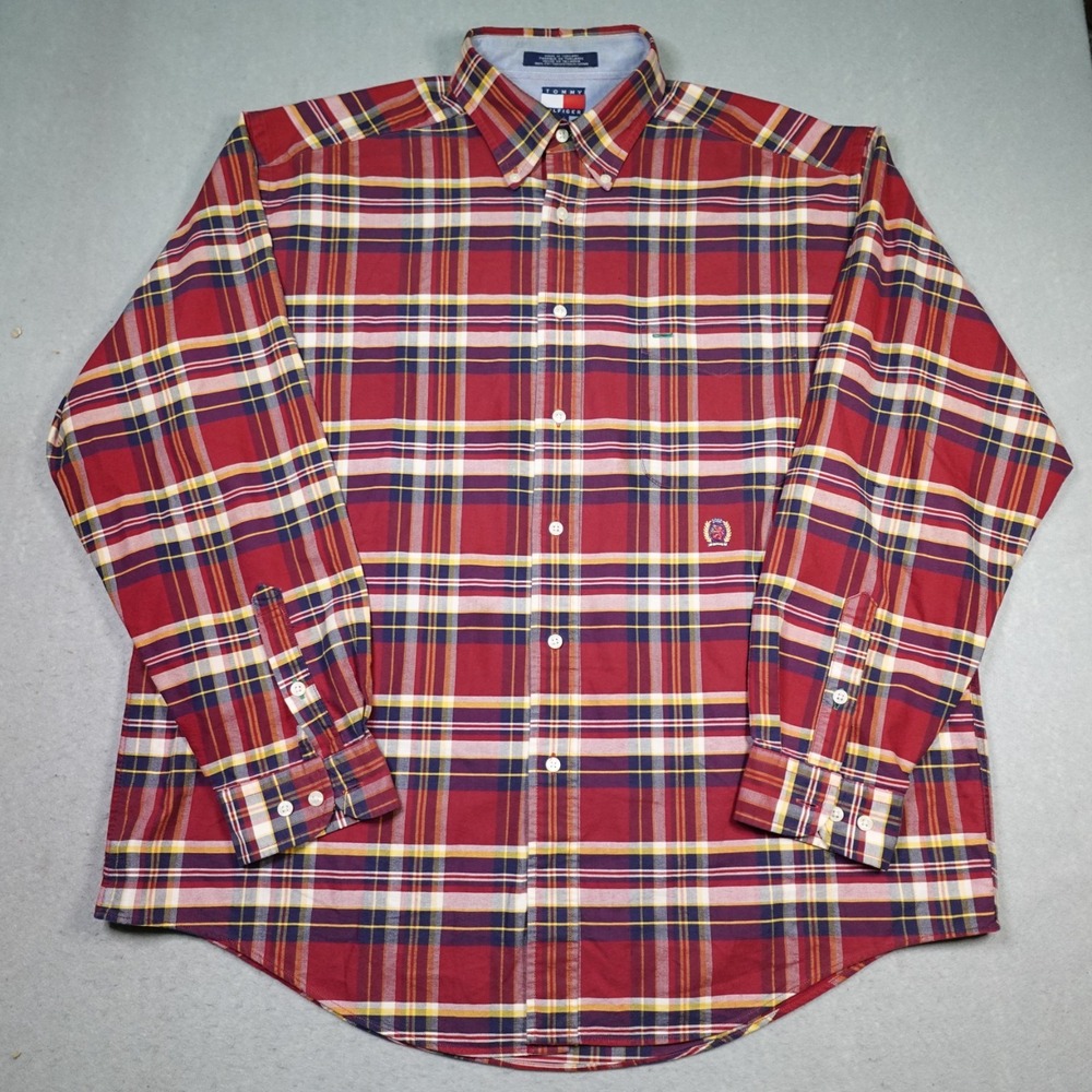 Vintage Tommy Hilfiger Shirt Mens Large Red Plaid 90s Flannel Logo Crest Y2K